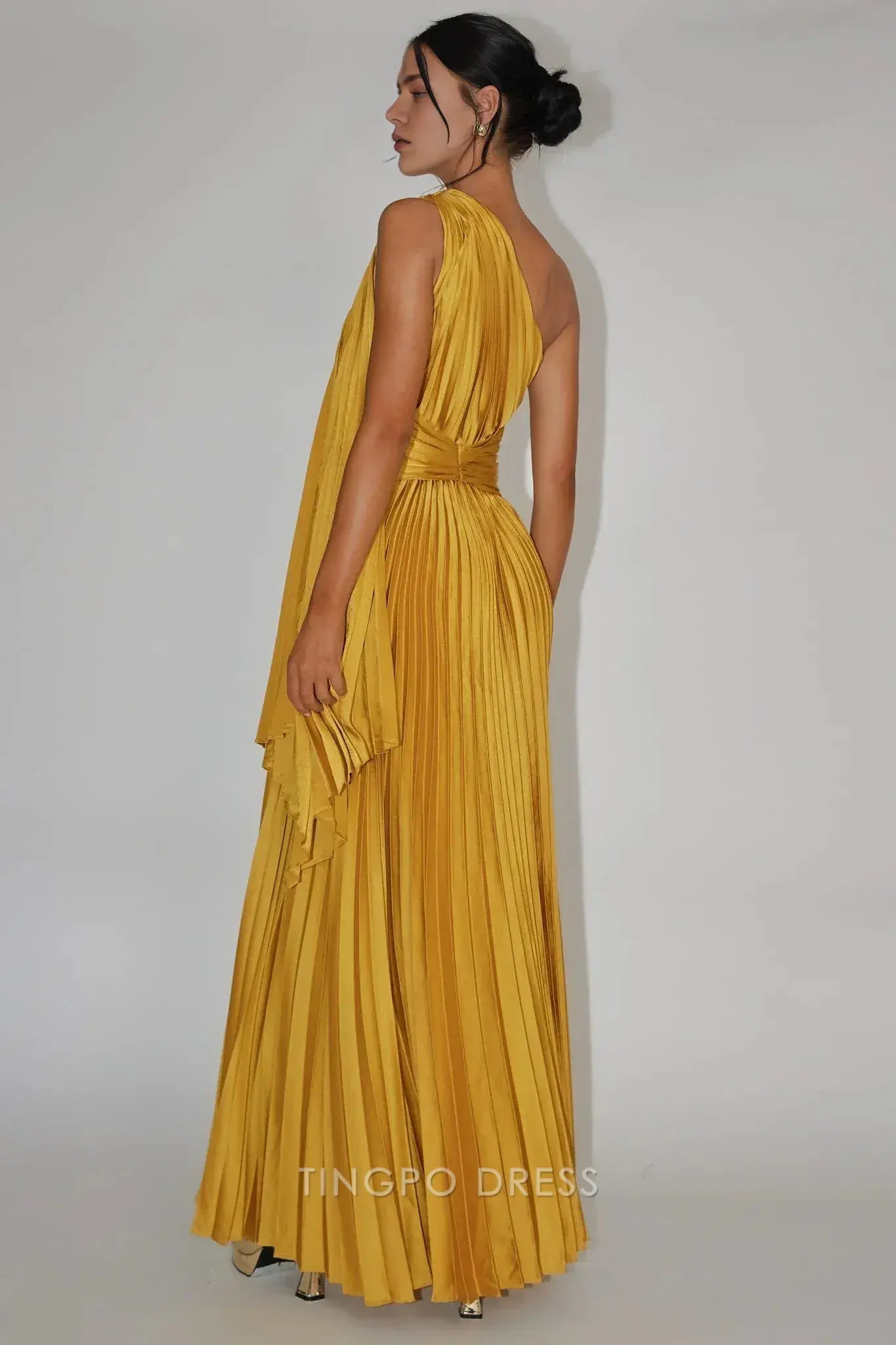 Elegant One-Shoulder Pleated Draped Satin A-Line Ankle-Length Maxi Dress Prom Dress
